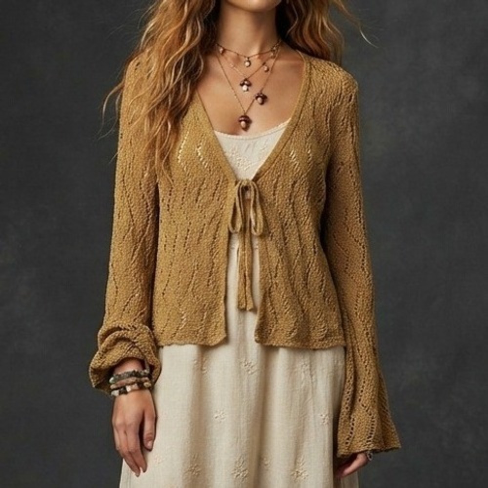 y2k tie front Pointelle Cardigan 2x crochet Knit forest fairycore boho western